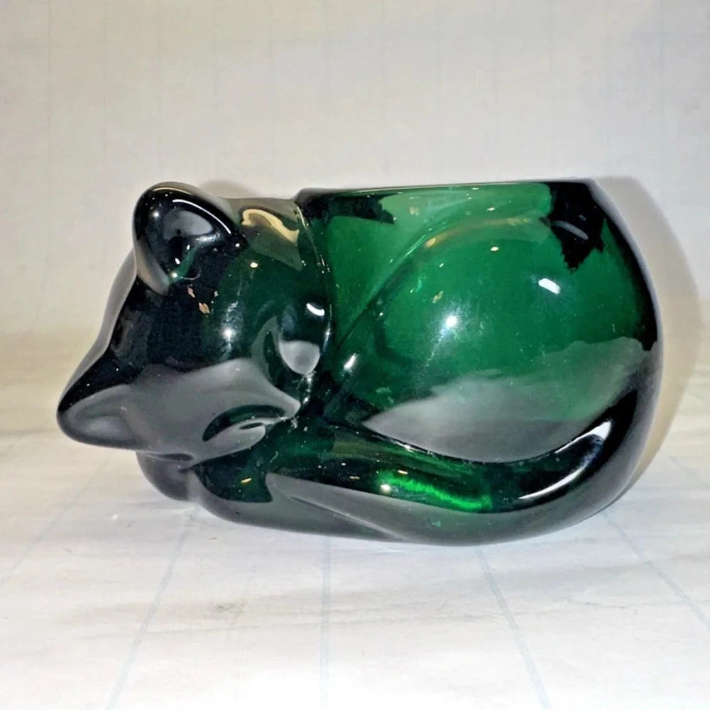 Indiana Glass Candle-Lite Green Sleeping Cat Votive Candle Holder w/Label VTG